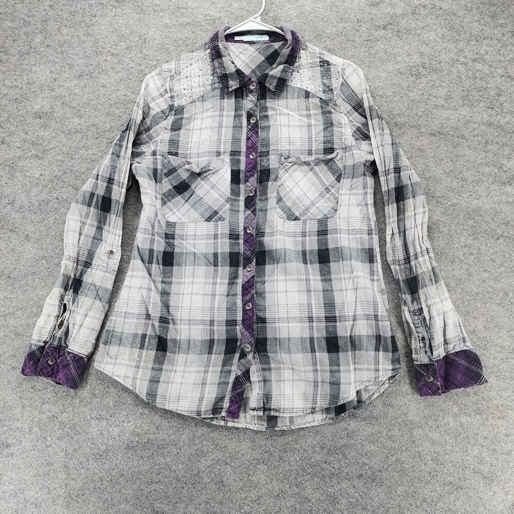 Maurices Shirt Womens Medium Button Up Roll Tab Sleeve Gray Purple Plaid